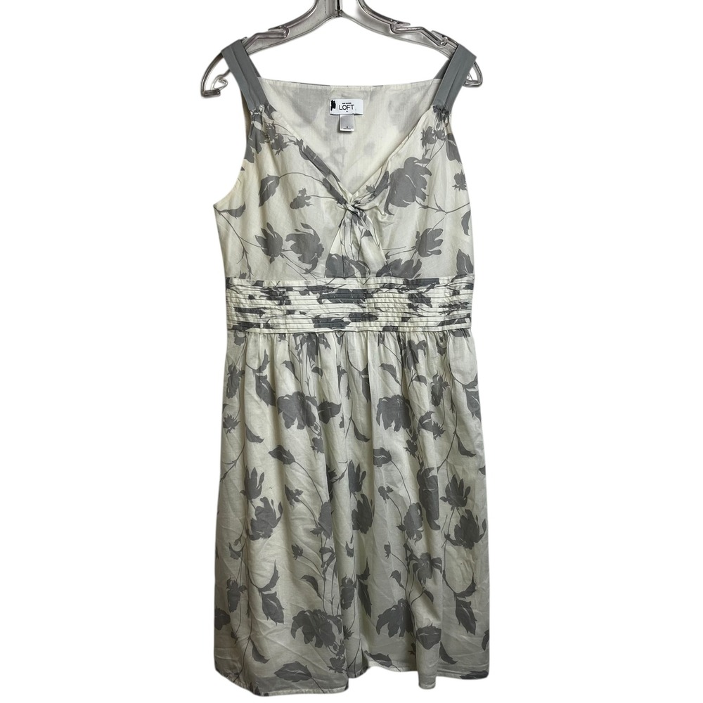 Ann Taylor Loft Grey Floral Linen Blend V-Neck Empire Waist Dress Womens Size‎ 4